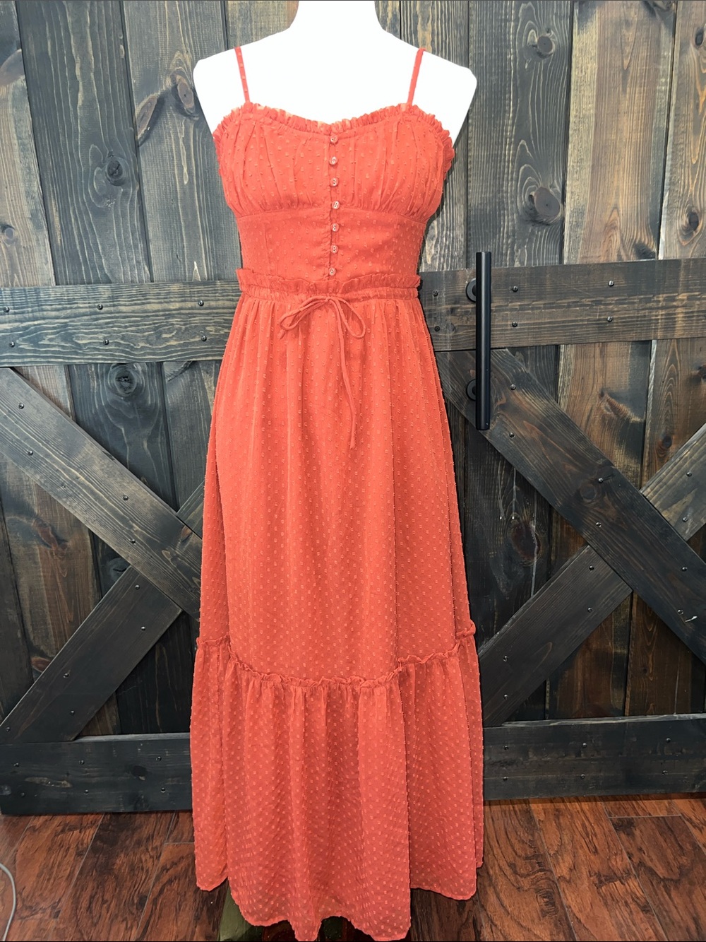 Patrons of Peace Maxi‎ Dress S Brown Swiss Dot Smocked Cottage Boho Milkmaid Tie